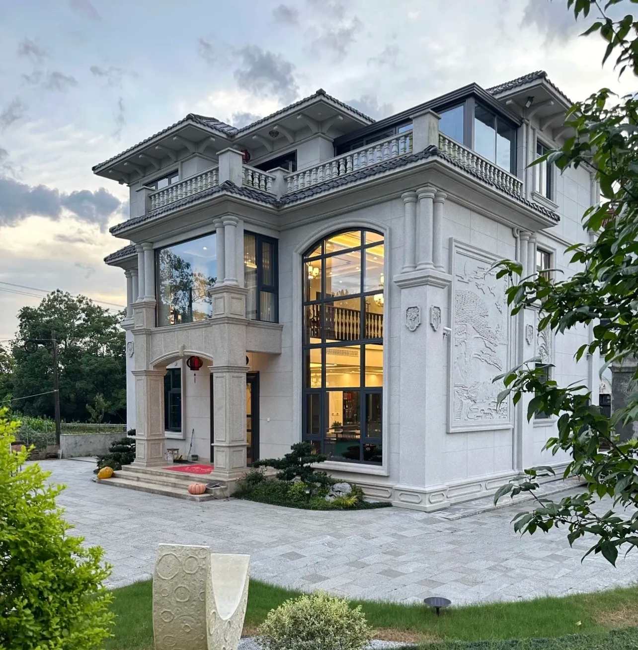 青岛 白麻花岗岩私人别墅干挂石材豪华定制